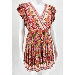Angie Pink Green Floral Boho Mini Dress Size S